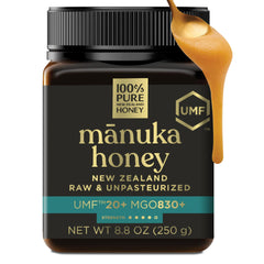100% Pure New Zealand honey front jar showing UMF 20+ and premium packaging benefit