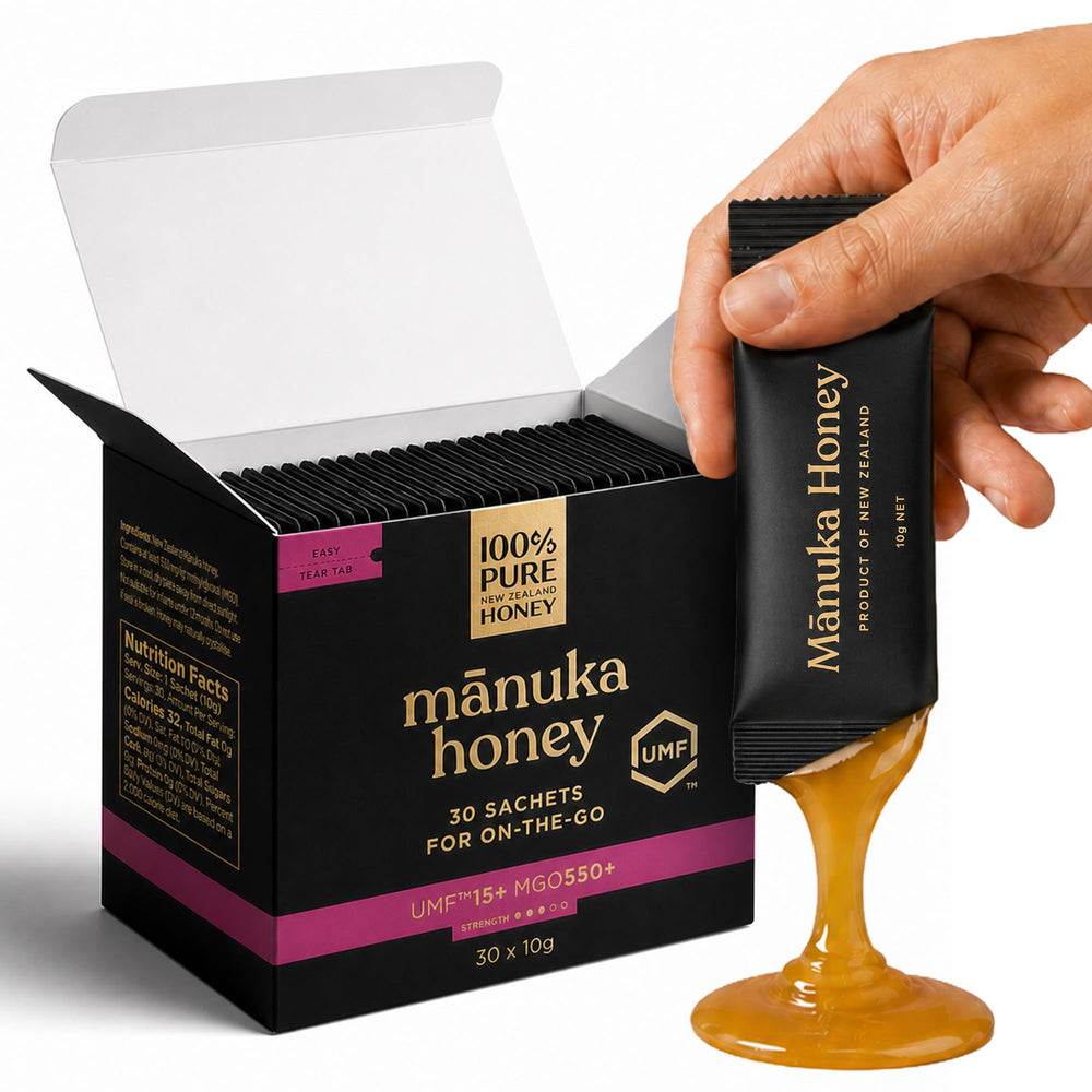 100% Pure New Zealand Honey front packaging showing sachet box and benefits