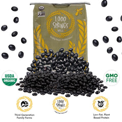 1000 Springs Mill close-up of black bean texture, highlights uniform size and cooking quality