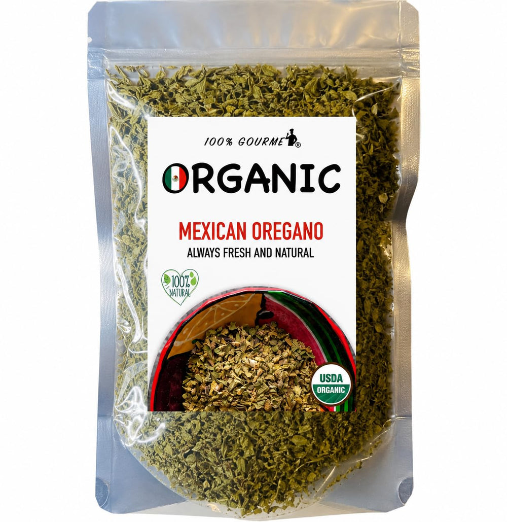 100% Gourmet front package showing organic oregano and clear labeling benefit: freshness