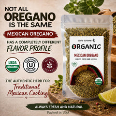 100% Gourmet close-up of whole oregano leaves reveals texture and potent aroma benefit
