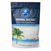 100% Gourmet front package showing clean coarse Caribbean sea salt and clear labeling benefit freshness
