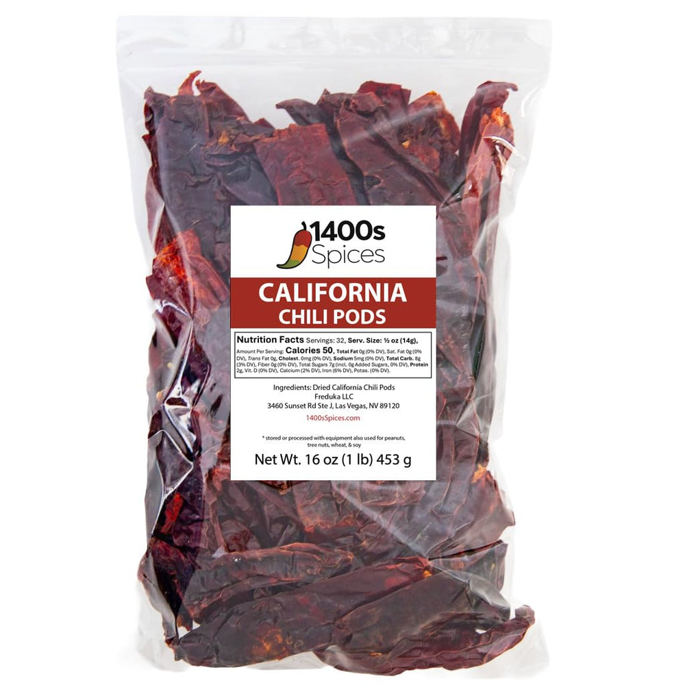 1400S SPICES front packaging showing 1lb whole California chiles and clear branding, pantry-ready benefit