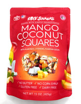 180 Snacks front packaging of mango coconut squares showing convenient portable benefit