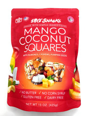 180 Snacks front packaging of mango coconut squares showing convenient portable benefit