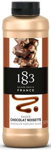 1883 Maison Routin front bottle showing chocolate hazelnut flavor and premium French quality