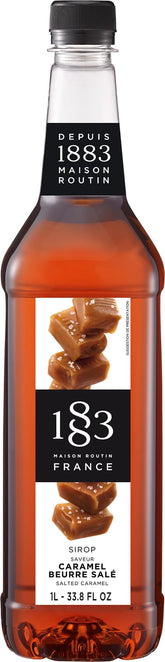 1883 MAISON ROUTIN front bottle view showing salted caramel flavor and clear branding benefits