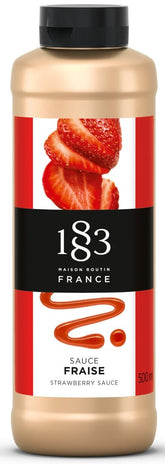 1883 Maison Routin bottle front view showing strawberry sauce and convenience