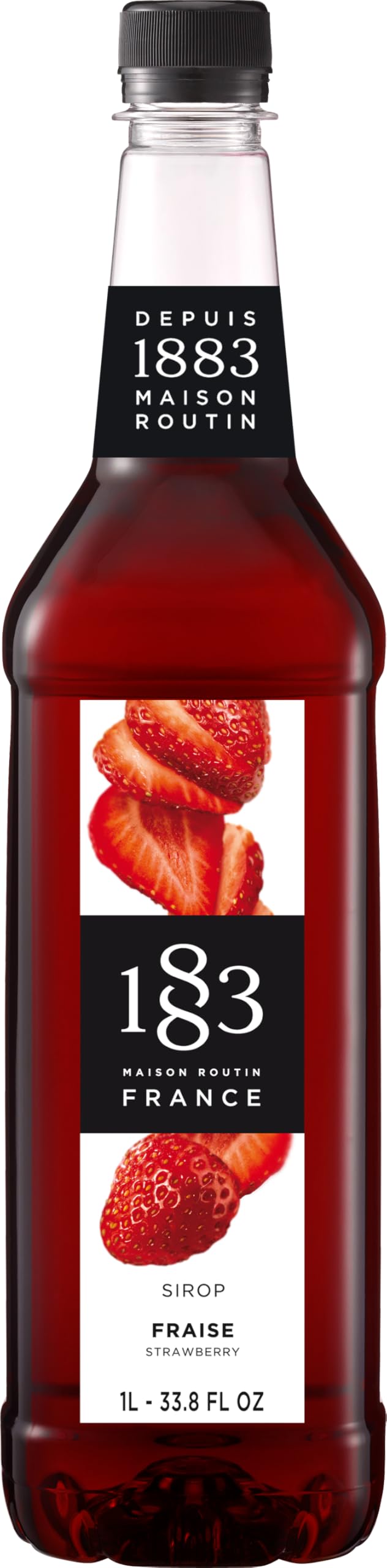 1883 MAISON ROUTIN front bottle view showing strawberry syrup and clear label benefit convenience
