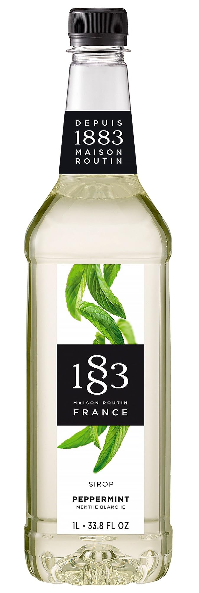 1883 Maison Routin bottle front showing peppermint syrup for consistent flavor