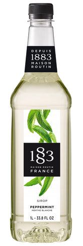 1883 Maison Routin bottle front showing peppermint syrup for consistent flavor