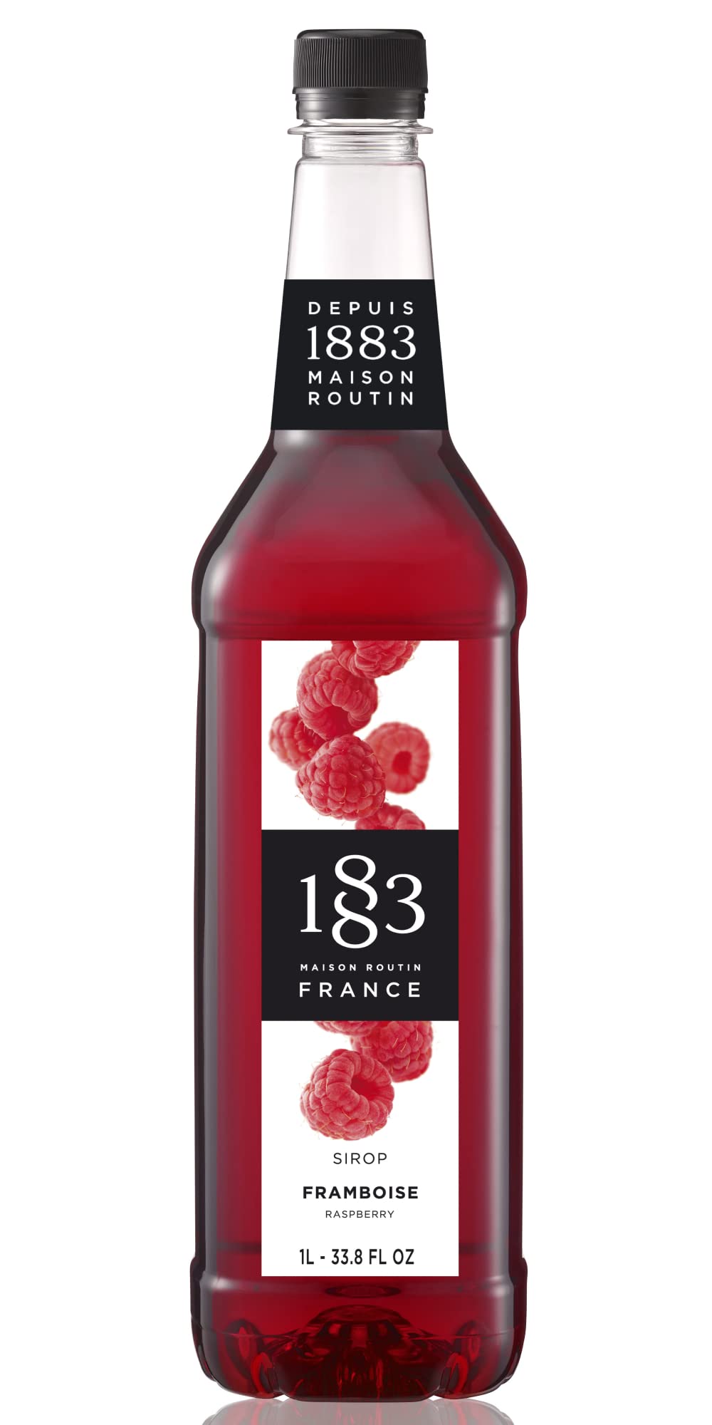 1883 MAISON ROUTIN bottle front showing raspberry syrup and clear branding benefits consistency