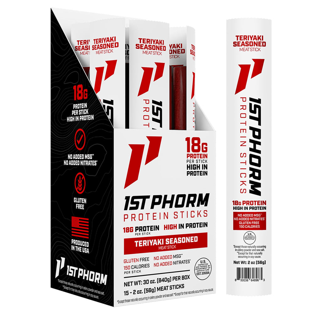 1st Phorm packaging front view showing teriyaki sticks and protein highlight