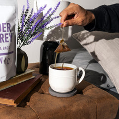 20 Leaves brewed cup steaming on a table, illustrating fragrant lavender Earl Grey enjoyment