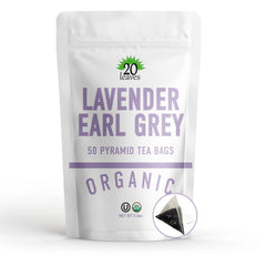 20 Leaves front packaging showing resealable bag and 50 pyramid bags, keeps tea fresh