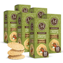 34° front packaging highlighting rosemary crisps and six-pack value