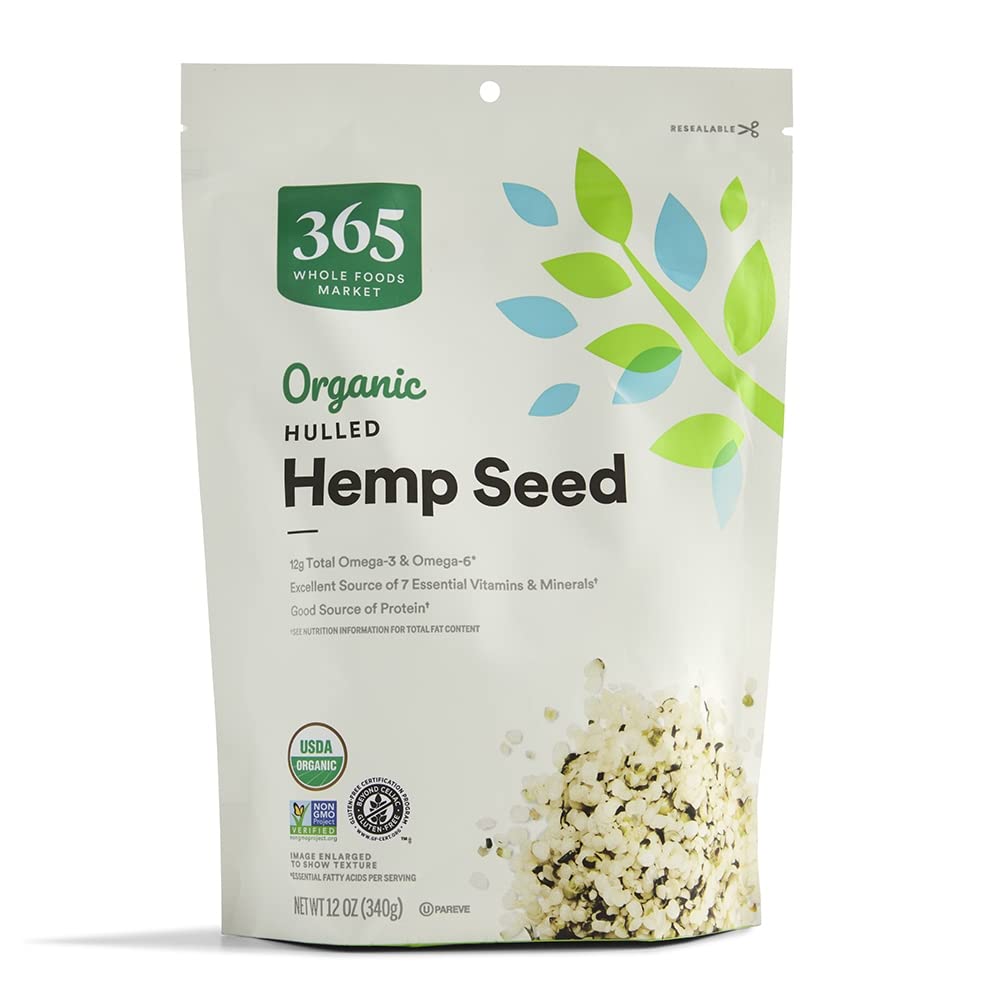 365 by Whole Foods Market front packaging showing organic hemp seeds and benefits