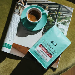 49th Parallel espresso shot in cup showing crema and rich body