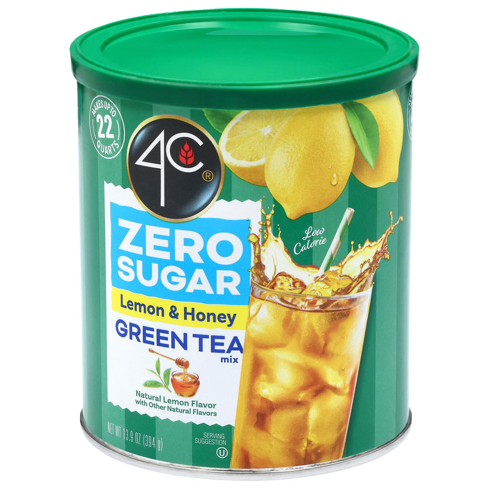 4C green tea front canister showing label and family size benefit