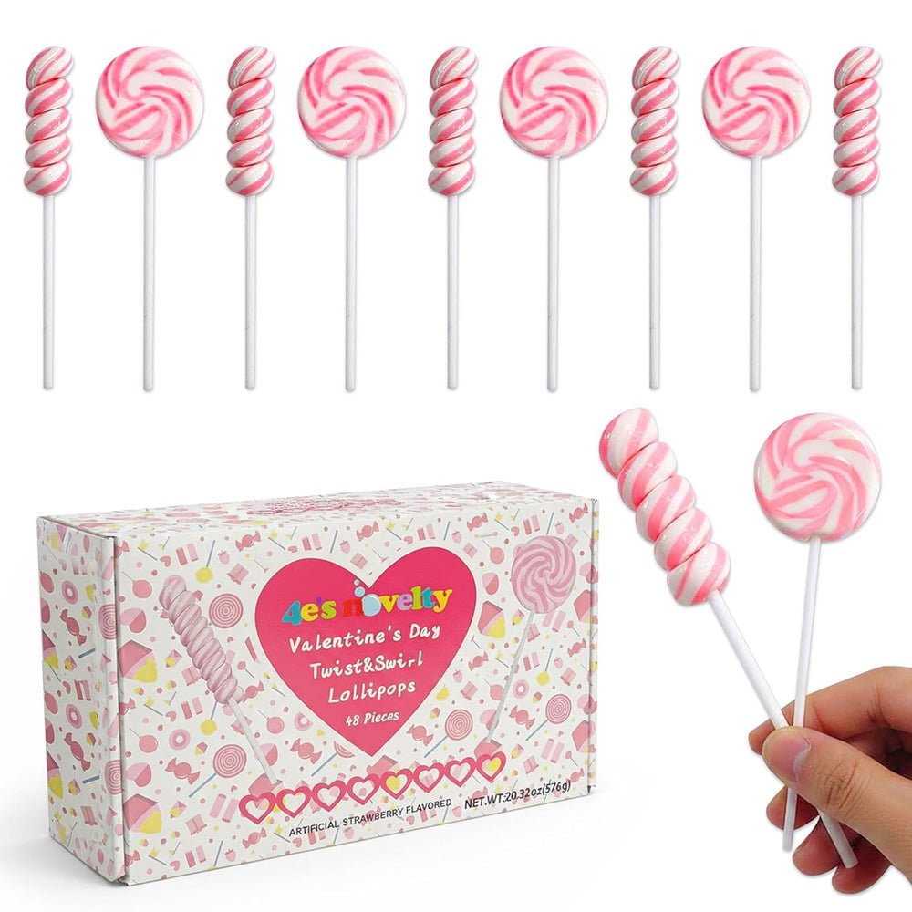 4E's Novelty front packaging showing 48-count pink lollipops, perfect for parties