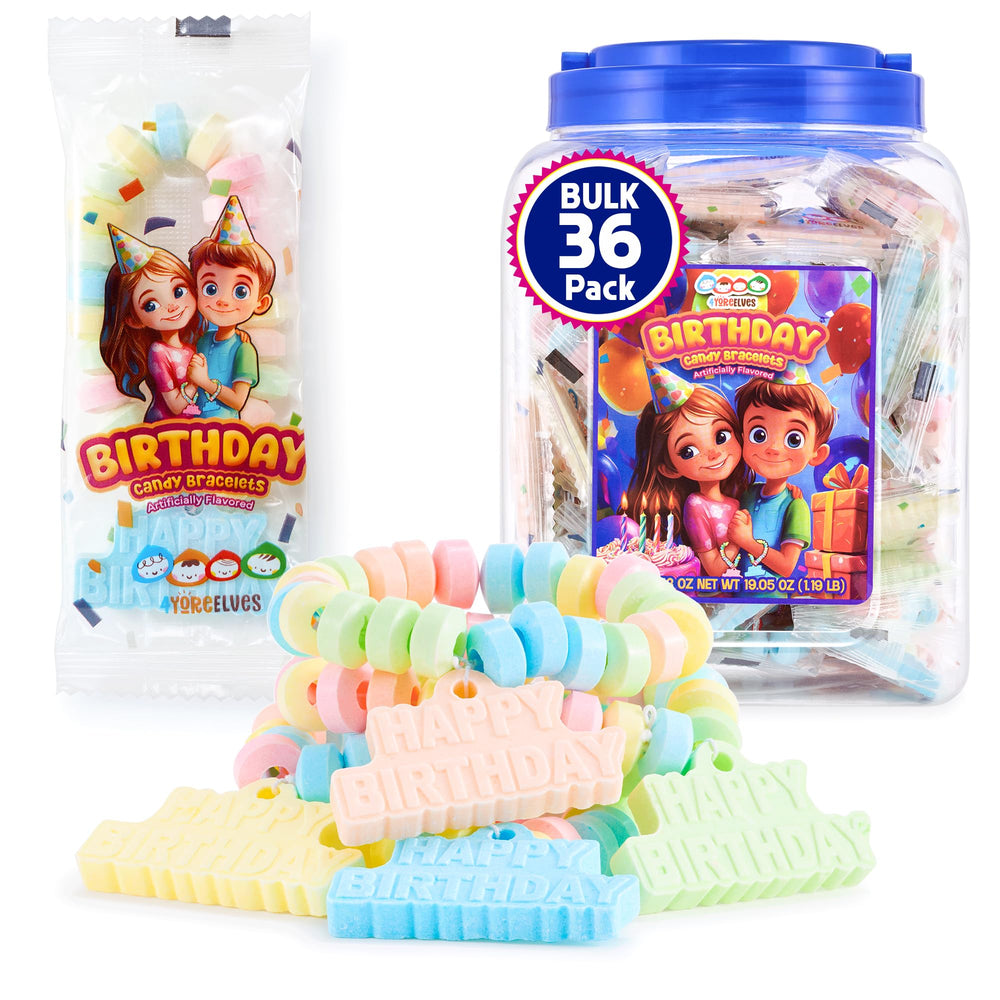 4YoreElves tub front packaging showing portable carry-handle and 36 bracelets for easy events