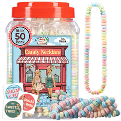 4YoreElves front packaging showing 50 candy necklaces for easy party favors