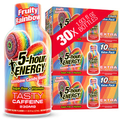 5-hour ENERGY front packaging showing fruity rainbow 30 count convenience