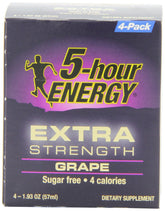 5-hour ENERGY grape front packaging showing four 2-ounce extra strength shots for quick energy