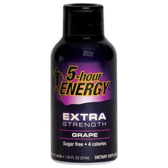 hand holding a 5-hour ENERGY grape shot showing portable extra strength boost for on-the-go use
