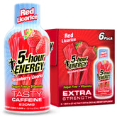 5-hour ENERGY front packaging showing six red licorice energy shot bottles for convenience