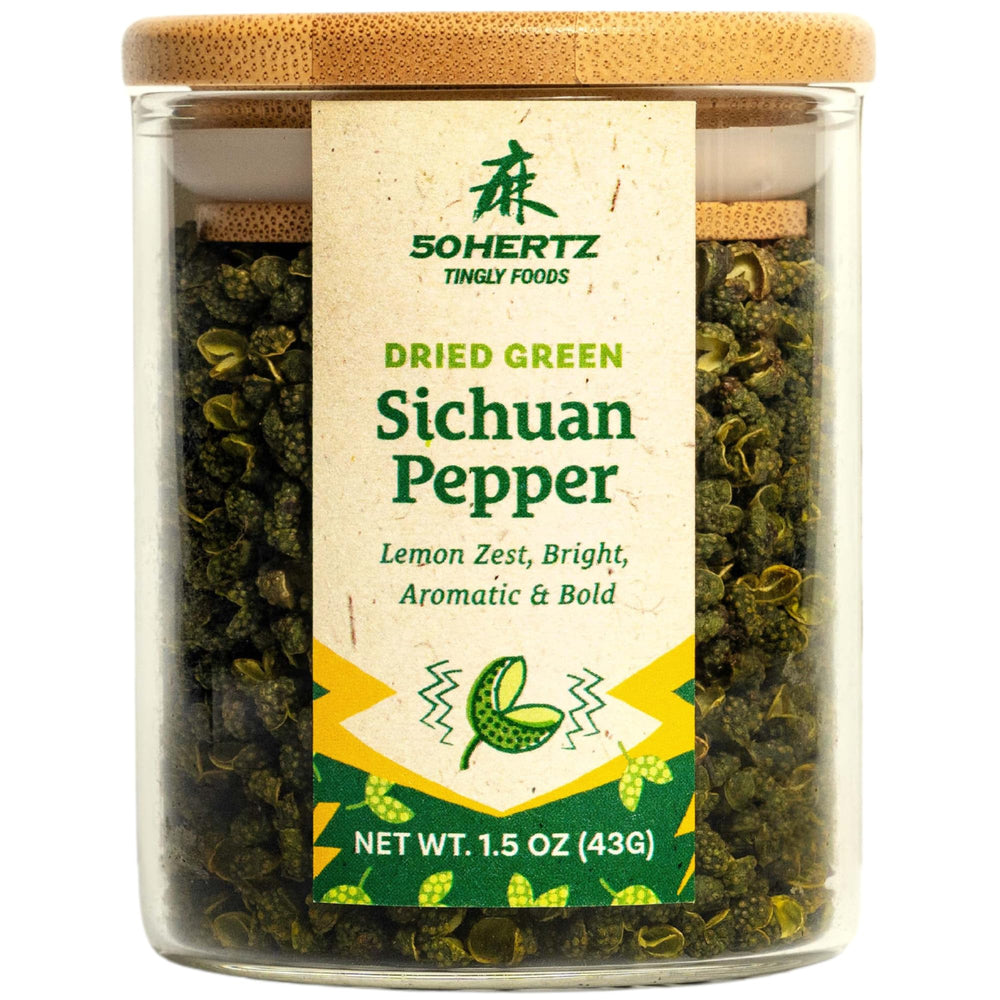 50Hertz jar front view showing label and 43g of green Sichuan peppers, clear quality