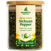 50Hertz jar front view showing label and 43g of green Sichuan peppers, clear quality