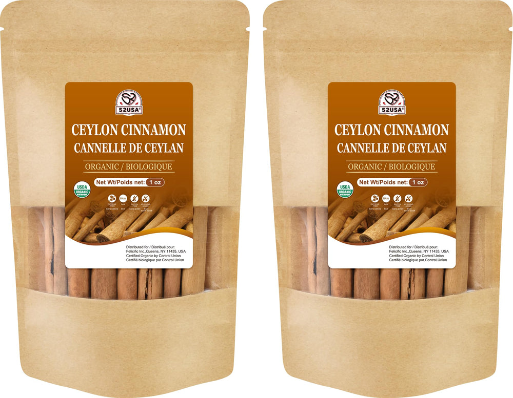 52USA front packaging showing organic Ceylon cinnamon sticks, highlights quality