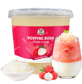 52USA front tub of lychee popping boba showing packaging and bulk supply benefit