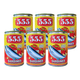 555 front packaging showing six hot tomato-chili sardines cans and bold label