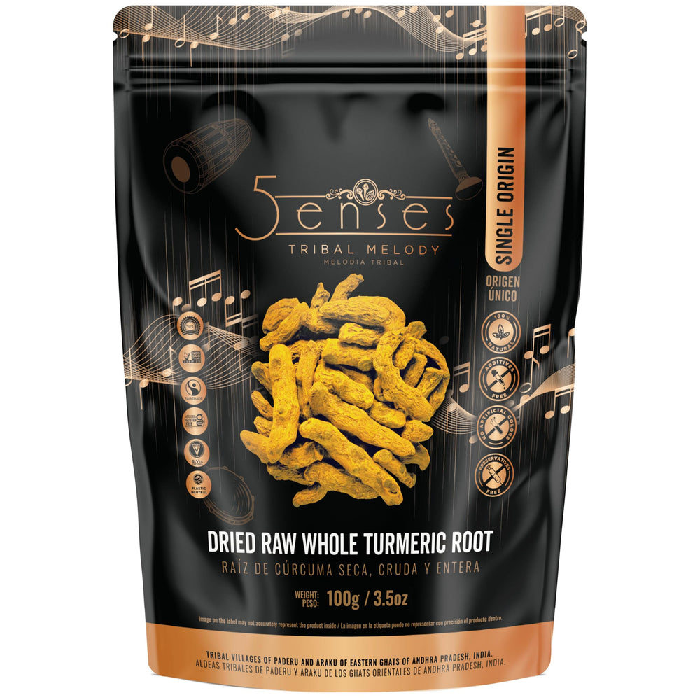 5Senses front packaging showing whole turmeric and resealable pouch preserves freshness