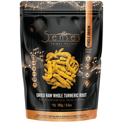 5Senses front packaging showing whole turmeric and resealable pouch preserves freshness