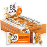 88 Acres front packaging showing 12-count cinnamon maple bars and clear branding benefit: school-safe snack