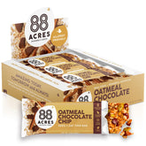 88 Acres front packaging showing 12-pack and oat chocolate chip bars for convenient snacking