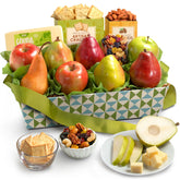 A Gift Inside front view of arranged basket showing fruit and snacks, ideal for gifting