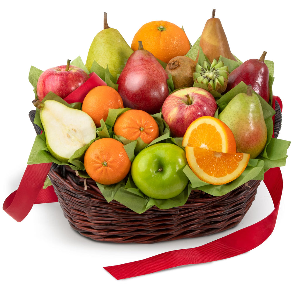 A Gift Inside front view basket showing mixed fruit and elegant presentation benefit