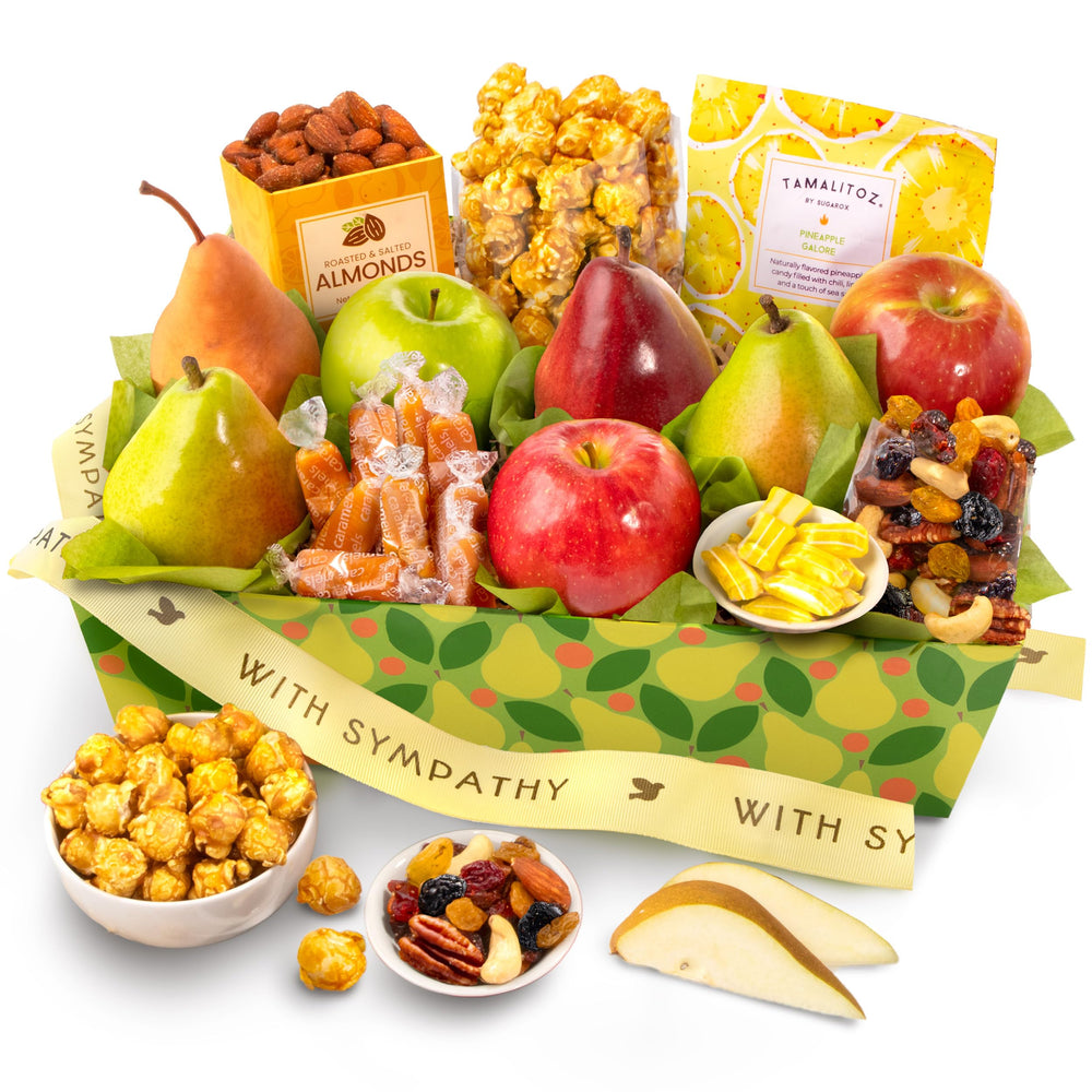 A Gift Inside front view sympathy basket with pears apples and ribbon, comforting presentation