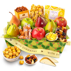 A Gift Inside front view sympathy basket with pears apples and ribbon, comforting presentation