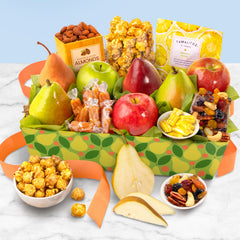 A Gift Inside top view showing mixed fruit and snacks, appealing variety