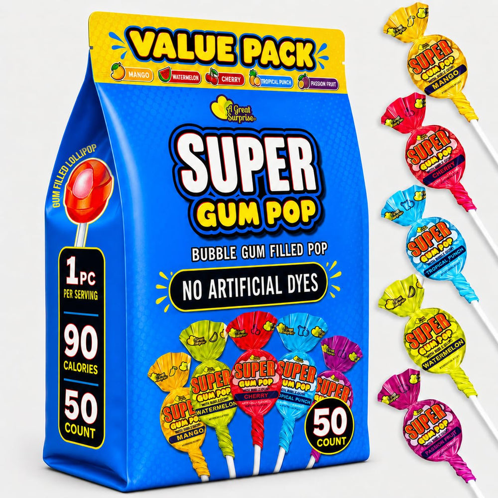 A Great Surprise front packaging showing 50-count bag and colorful pops for easy stocking
