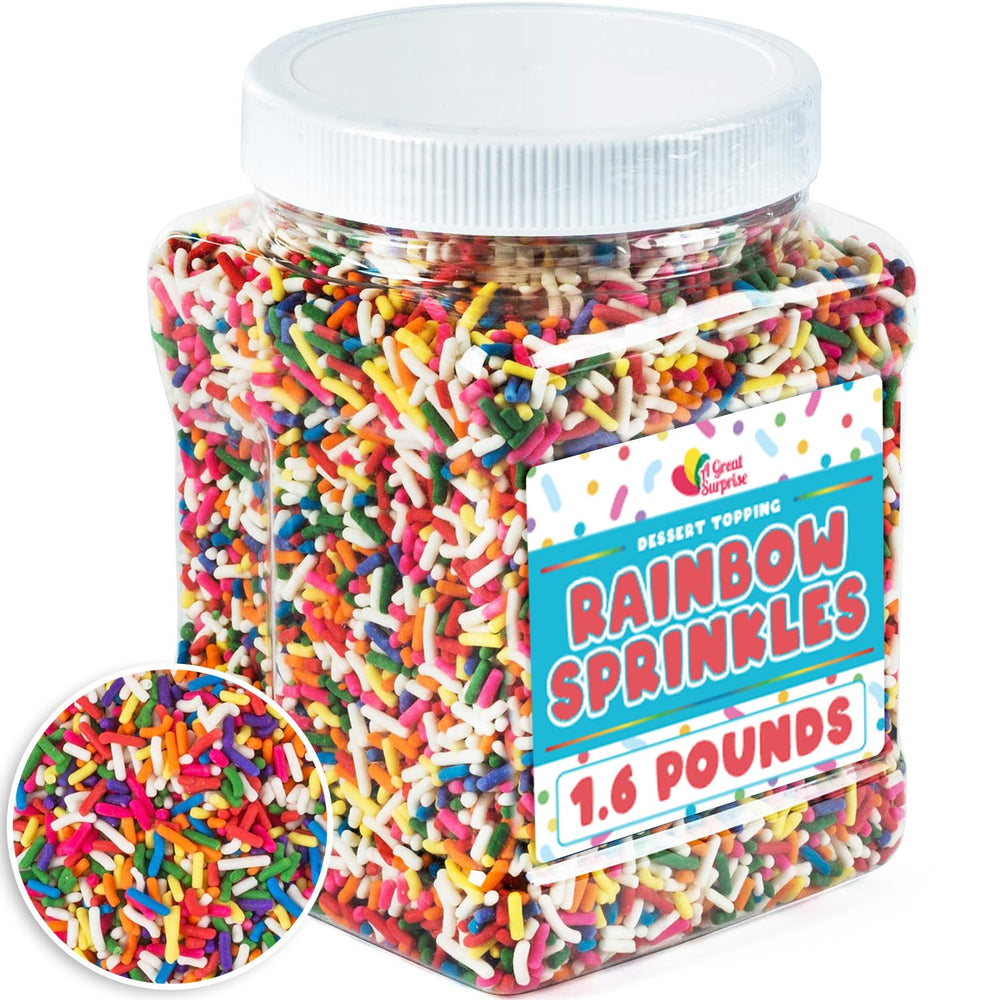 A Great Surprise front packaging showing 1.6 lb bag and colorful jimmies for easy storage