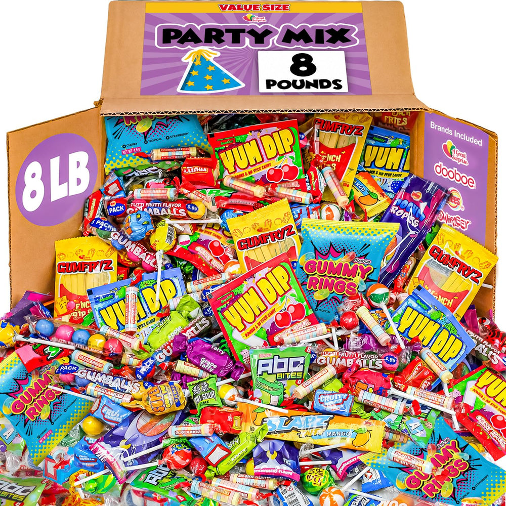 A Great Surprise front packaging showing 8 lb bulk candy and convenient storage