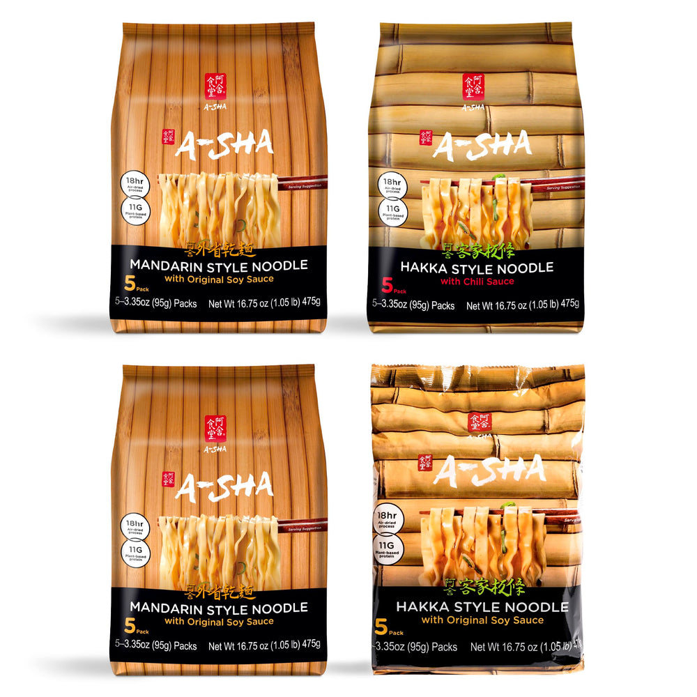 A-SHA variety pack front packaging showing included flavors and benefits