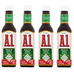 A.1. bottle front packaging showing bold and spicy label and serving suggestion