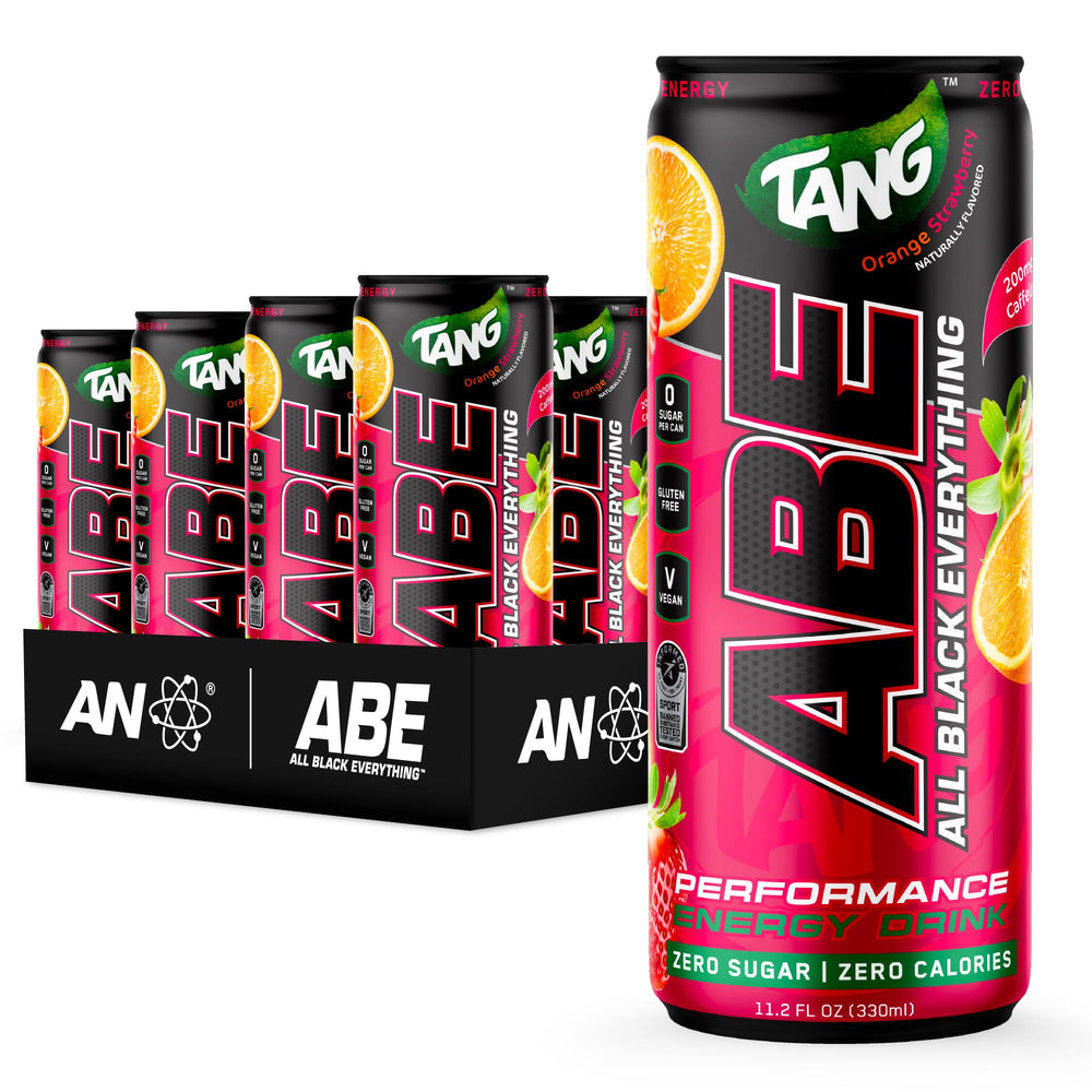 ABE front can Tang orange strawberry flavor showing bold packaging and instant energy appeal